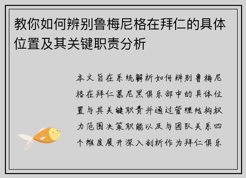 教你如何辨别鲁梅尼格在拜仁的具体位置及其关键职责分析