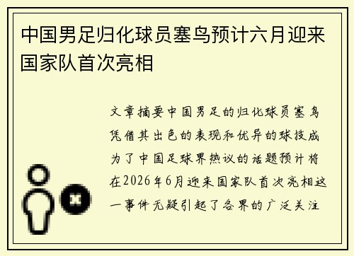 中国男足归化球员塞鸟预计六月迎来国家队首次亮相